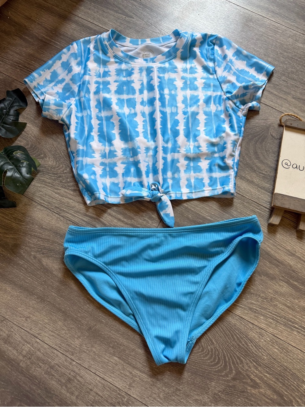 Wonder Nation Blue Tie Front Tie-Dye Crop Swim Top & Solid Bottom Size L 10-12
